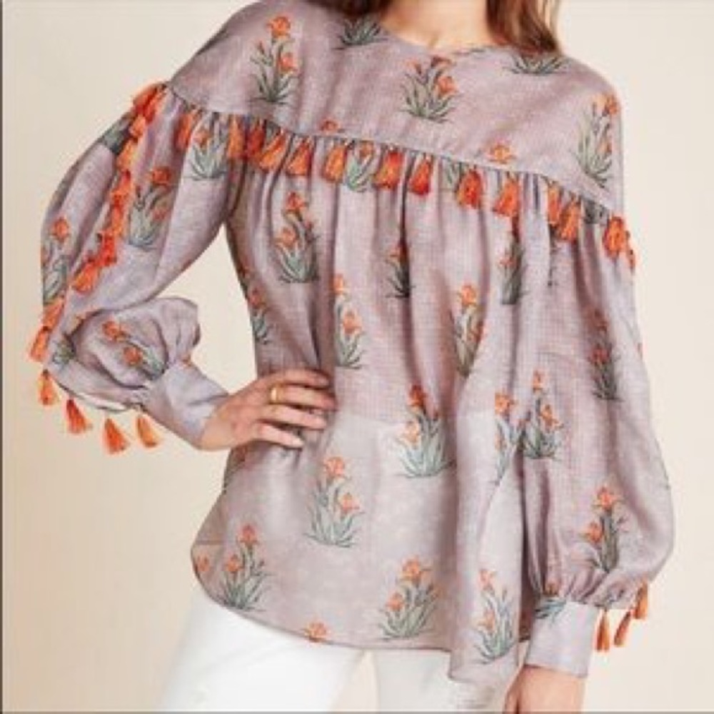 Anthropologie Lavender Floral Tassel Peasant Blouse with Orange Accents
